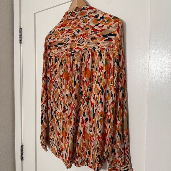 Beach Lunch Lounge Shirt Blouse Womens Sz M Orange Button Up Abstract Artsy Boho - Picture 6 of 11